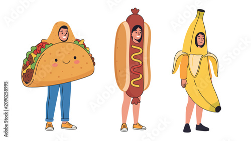 Three people wearing fun food costumes: a taco, a hot dog, and a banana, posing against a white background.