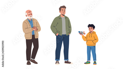 Three generations of men standing together, an elderly man, a middle-aged man, and a young boy holding a toy.