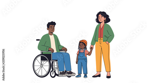 Diverse family with a father in a wheelchair, mother, and child holding hands, representing inclusion and unity.