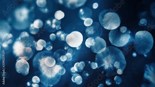 Glowing Blue Jellyfish Floating in Dark Ocean Depths.
