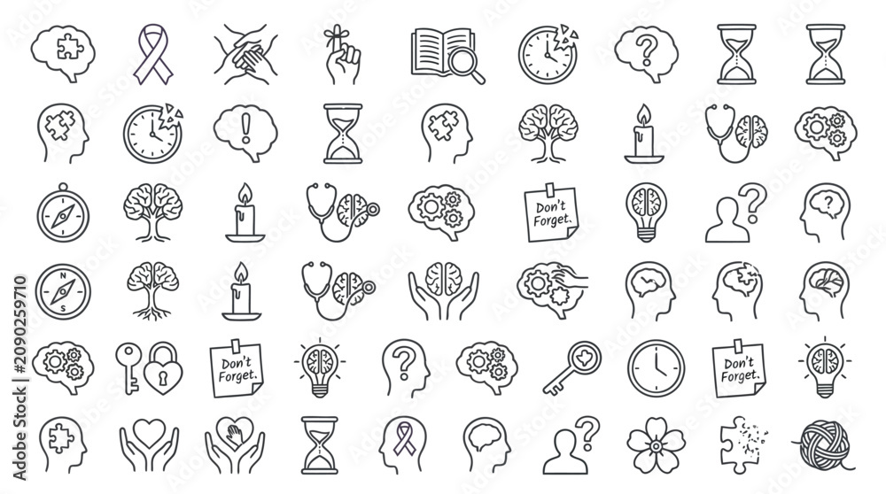 Naklejka premium Collection of line icons representing concepts of memory, learning, and mental health, including brains, clocks, and lightbulbs.