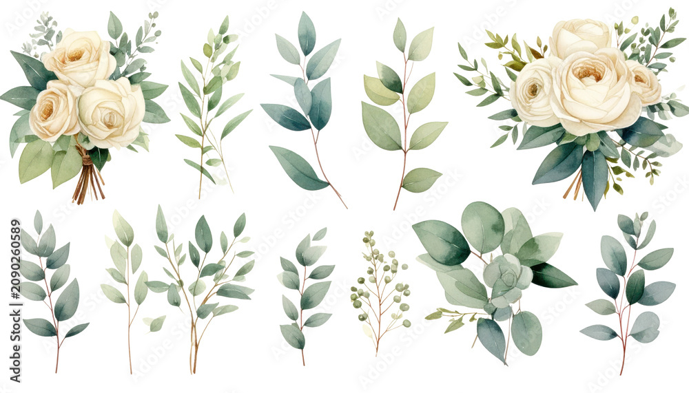 Obraz premium White Roses Bouquet and Greenery Leaf Set Botanical Illustration Assets for Design Projects