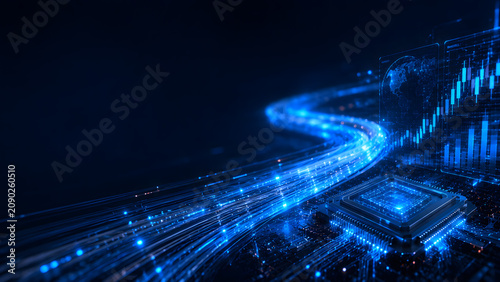 Glowing AI Data Stream Flowing Through Semiconductor Chip with Global Financial Analytics and Digital Technology Background