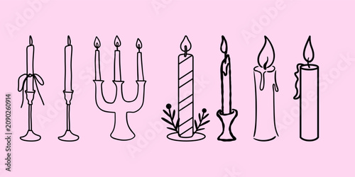 Billede på lærred Vintage candlestick and taper candle vector set, classical line art candles