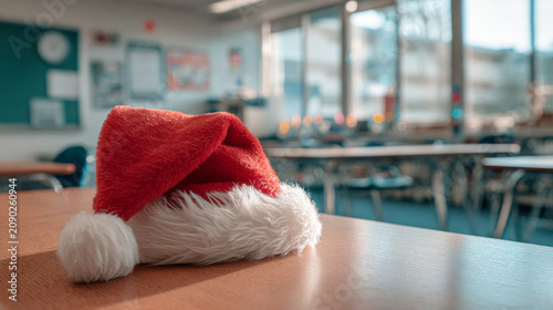 Red Christmas hat with white fur trim sits on wooden desk in empty classroom filled with natural light and blurred background