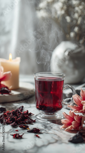 Steaming cup of hibiscus tea on marble table with dried flowers and lit candle creating warm cozy atmosphere