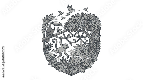 Canvas Print Minimalist Black and White of Heart Shaped Wildlife and Flora Composition with B