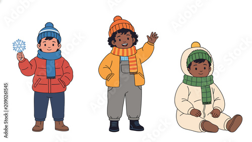 Three diverse children dressed in warm winter clothing, ready for snow and cold weather activities.