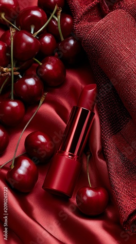 Bright red lipstick with cherries on satin fabric.