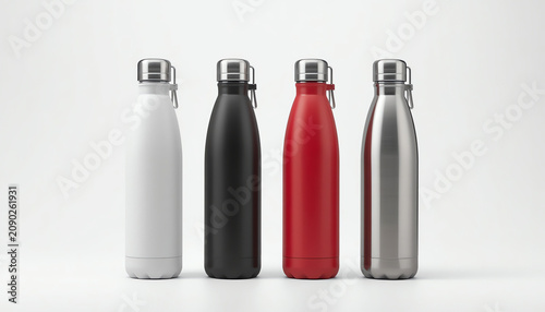White, Black, Red and Silver Empty Glossy Metal Thermos Water Bottle Isolated on White. 3d rendering