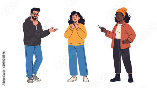 Three diverse people standing and gesturing, conveying communication and interaction.