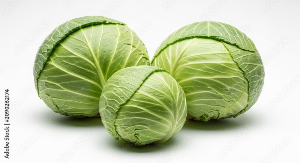 Fototapeta premium Whole Green Cabbage Heads Isolated on White Background for Fresh Vegetable Product Photography
