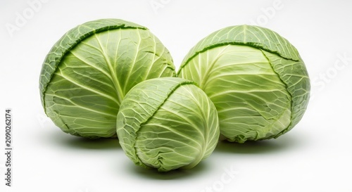 Whole Green Cabbage Heads Isolated on White Background for Fresh Vegetable Product Photography