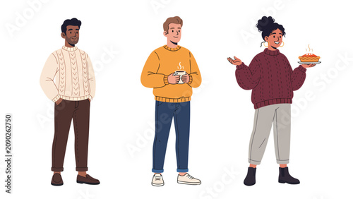 Three diverse people in cozy sweaters holding warm drinks and food, celebrating autumn.