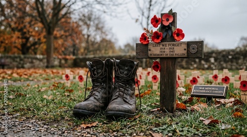 Weathered combat boots at memorial cross with poppies in remembrance garden