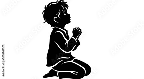 Foto Silhouette of a young child praying, kneeling with hands clasped, looking upwards