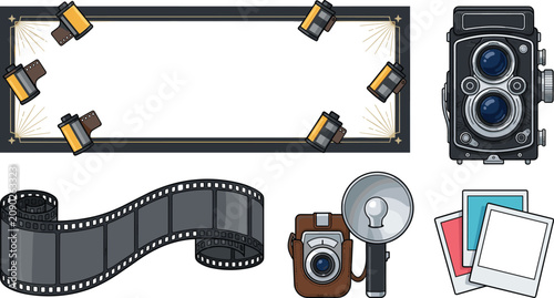 Schilderij op canvas Vintage Film Photography Vector Set with Twin Lens Reflex Camera Roll Strip Bord