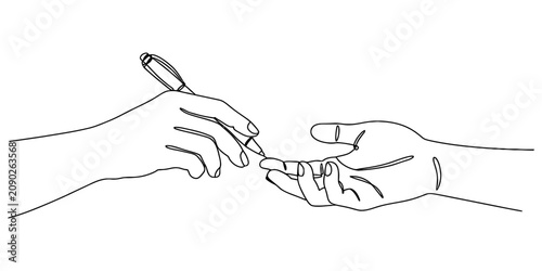 Cuadro en lienzo One hand holding a pen and giving it to another person in a simple line art styl