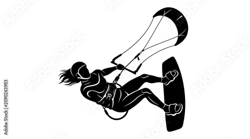 Kitesurfing Silhouette - Woman Riding Wave Board with Kite