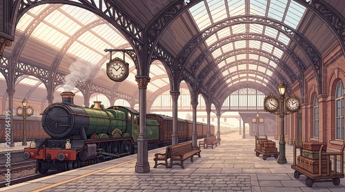 Vintage green steam train waiting at a historic railway station platform under a glass roof structure