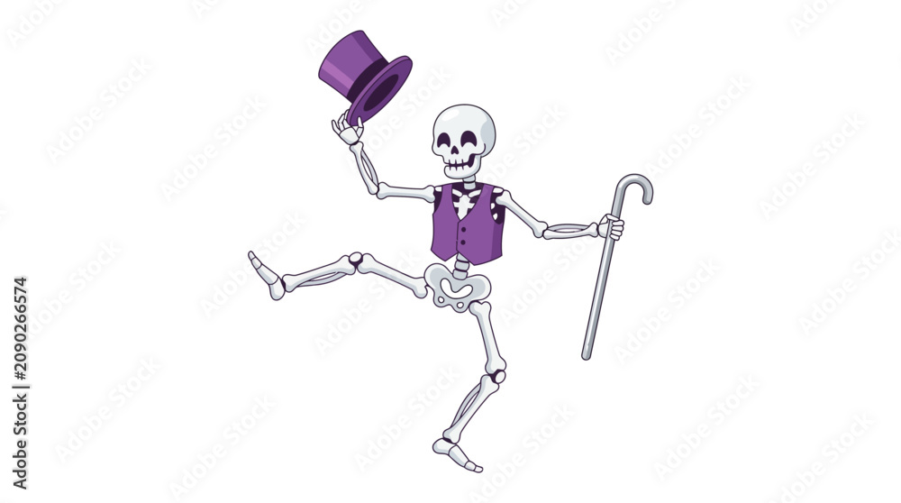 Fototapeta premium Happy cartoon skeleton dancing and tipping a purple top hat for Halloween performance flat vector illustration