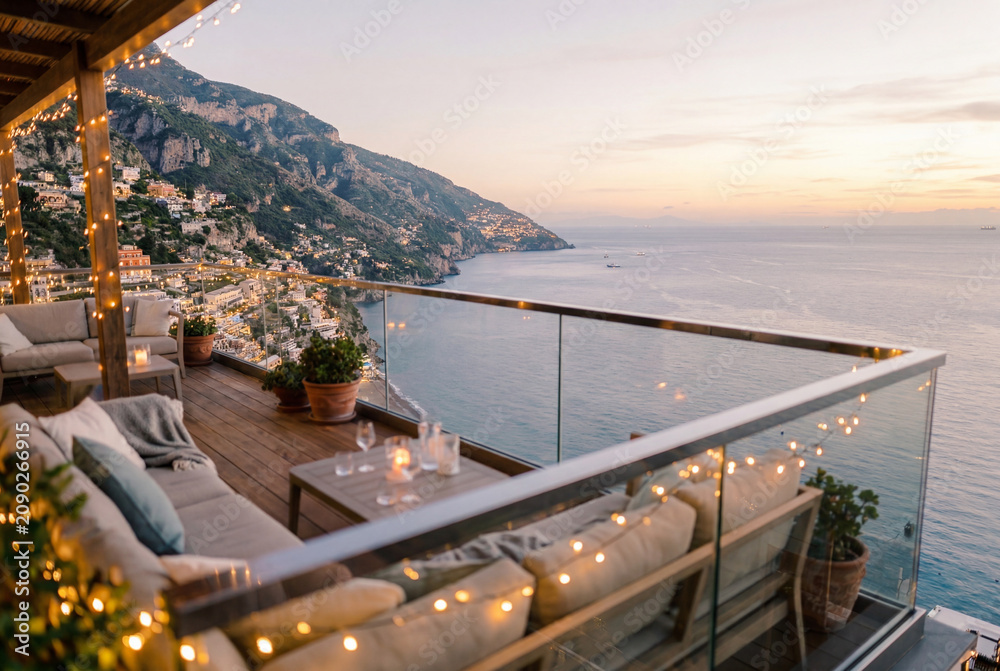 Fototapeta premium Outdoor balcony lounge with fairy lights overlooking a steep coastal mountain town at twilight