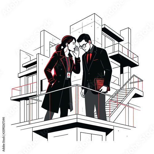 Slika na platnu Business partners sharing secret information on modern building balcony