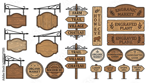 Collection of Wooden Signs and Banners, Rustic Signage, Directional Boards, Engraved Labels