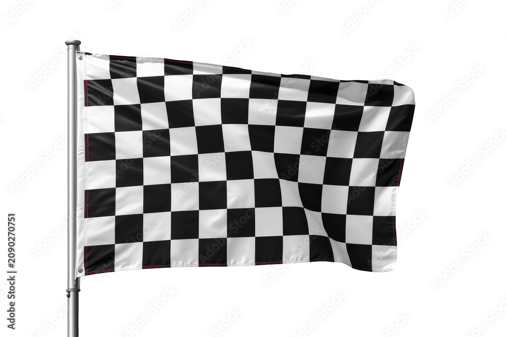 Obraz premium Checkered flag waving on flagpole, symbolizing racing finish line, victory, competition, and speed with transparent background