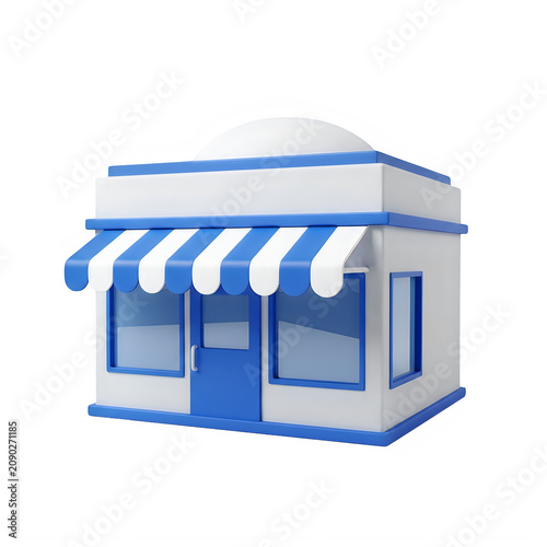 3d icon of a blue and white small retail shop building for e-commerce and business concepts isolated on transparent background