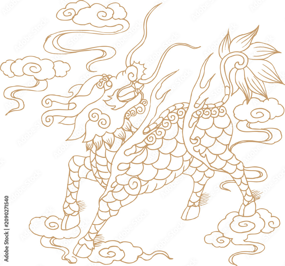 Obraz premium Chinese Kirin Dragon Mythical Animal Paper Cut Design with Cloud Pattern, Traditional Cultural Ornament