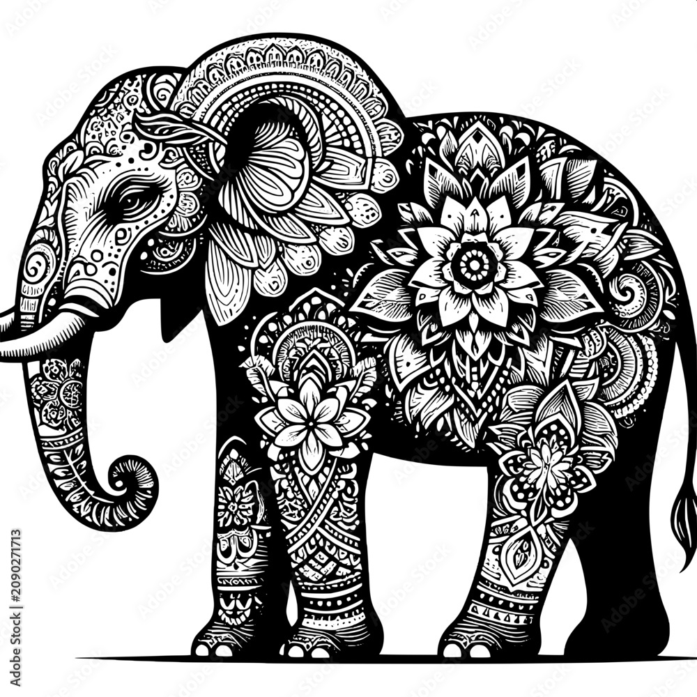 Obraz premium Elegant Elephant with Intricate Floral and Mandala Patterns Black and White Vector Illustration