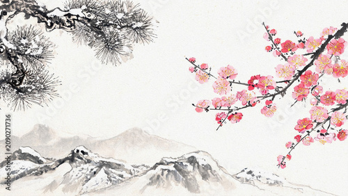 Traditional Asian Mountain Landscape with Plum Blossom Sumi Ink Painting