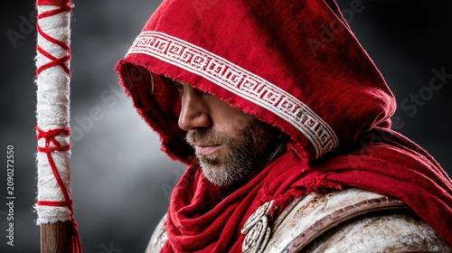 Man in red hooded cloak with beard holding wrapped staff, medieval style, dramatic lighting, thoughtful expression