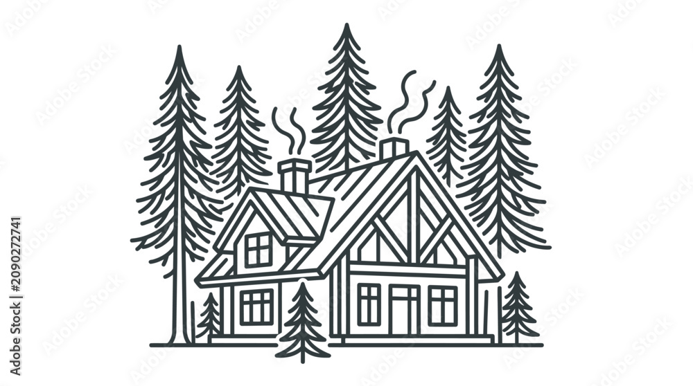 Obraz premium Industrial Style Black and White Line Drawing of a Cozy Cabin Nestled Among Tall Pine Trees with Smoke from Chimney