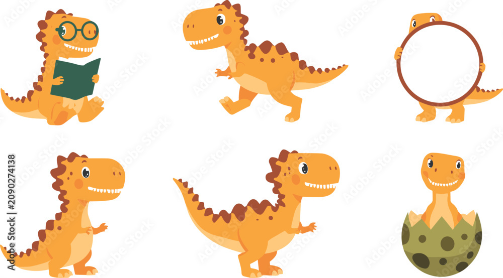 Obraz premium Cute Cartoon Baby T-Rex Dinosaur Vector Set with Reading Running Hatching and Playful Poses for Kids and Jurassic Designs