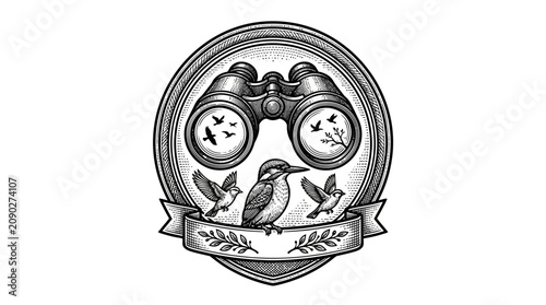 Foto Binoculars with flying birds and kingfisher emblem