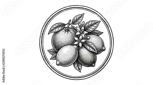 Bild auf Leinwand Hand drawn lemon citrus fruit and blossom emblem.