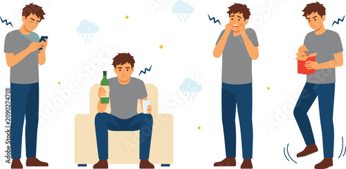 Foto Flat Vector Set of Young Man Dealing with Stress Depression and Bad Habits Inclu