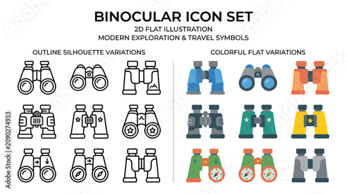 Binocular Icon Set: 2D Flat Illustration for Modern Exploration & Travel
