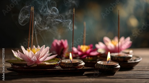 40.Spiritual still life of lotus flowers, incense sticks and candles honoring Buddha, gentle smoke, soft shadows, sacred ritual setting with copy space
