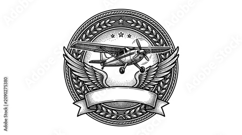 Foto Retro aviation emblem featuring vintage propeller plane.