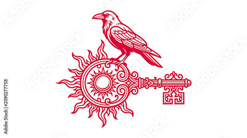 Red Raven Bird Sitting on Ornate Sun Key Symbol, Mystery, Esoteric, Alchemy