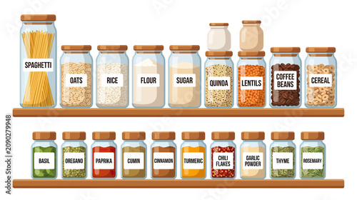 Kitchen Pantry Organization: Jars of Dry Goods and Spices on Shelves