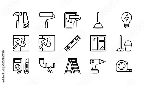 Modern home renovation and repair outline icon pack vector illustration