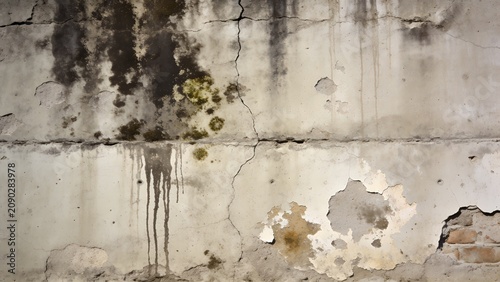Close Up of Dirty Stained Concrete Wall with Water Marks, Mold, Mildew and Weathered Surface Texture Background