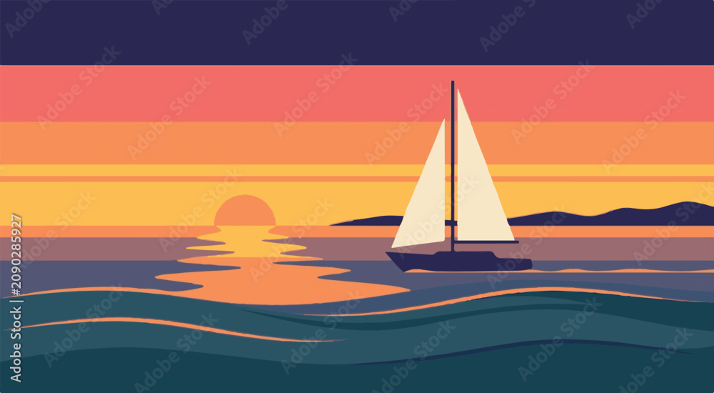 Naklejka premium Sailing boat on calm sea at vibrant sunset