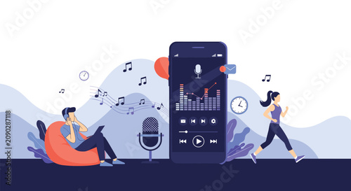 Mobile phone screen showing a music player interface surrounded by people listening to music and podcasts while relaxing or exercising.