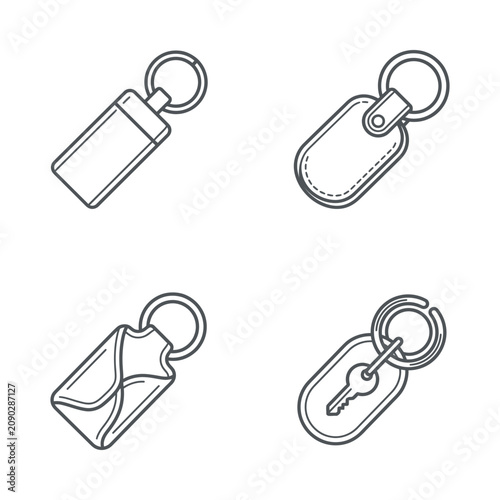 Set of 4 Hand-Drawn Keychain Icons: Key, Leather, Capsule, and Envelope Designs