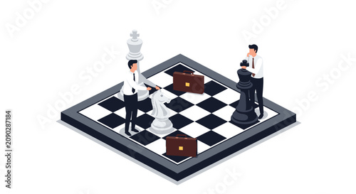 Isometric concept of business strategy with two professional men playing a giant game of chess with their briefcases on the board.